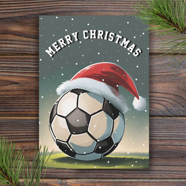 Soccer Football Ball Santa Hat Merry Christmas  Card (Creator Uploaded)