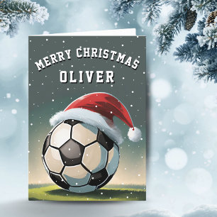 Soccer Football Ball Santa Hat Merry Christmas Holiday Card