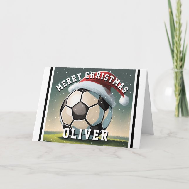 Soccer Football Ball Santa Hat Name Christmas  Card (Front)