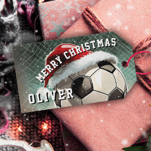 Soccer Football Ball Santa Hat Name Christmas Gift Tags