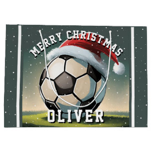 Soccer Football Ball Santa Hat Name Christmas Large Gift Bag
