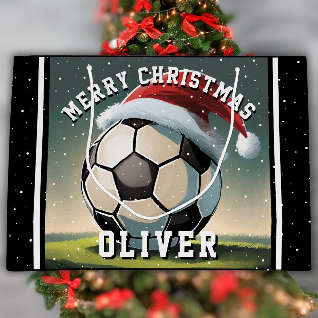 Soccer Football Ball Santa Hat Name Christmas  Large Gift Bag (Creator Uploaded)