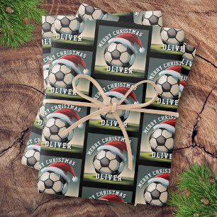 Soccer Football Ball Santa Hat Name Christmas  Wrapping Paper Sheet