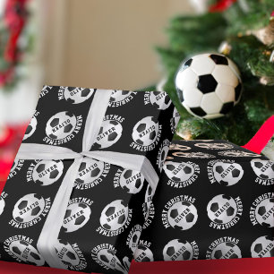 Soccer Football Balls Kids Name Black Christmas  Wrapping Paper