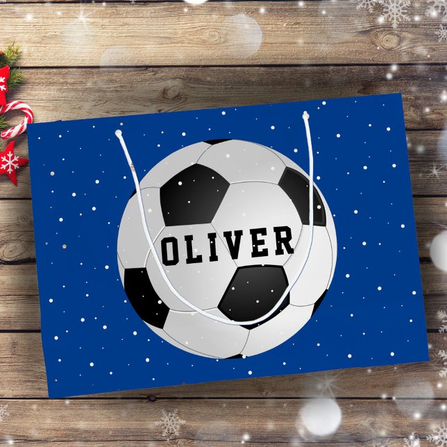 Soccer Football Balls Kids Name Blue Christmas Large Gift Bag (Creator Uploaded)