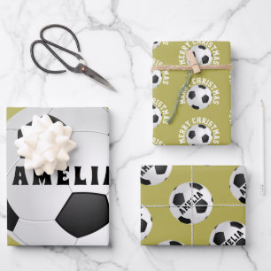 Soccer Football Balls Kids Name Merry Christmas Wrapping Paper Sheet
