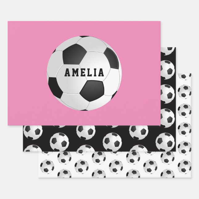 Soccer Football Balls Kids Name Pink Birthday  Wrapping Paper Sheet (Set)