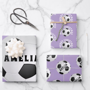 Soccer Football Balls Kids Name Purple Christmas Wrapping Paper Sheet