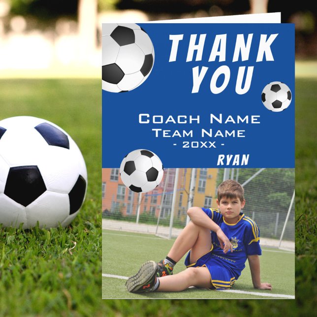 Soccer Football Bue Thank you Coach Photo Card (Creator Uploaded)