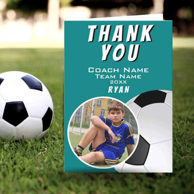 Soccer Football Coach Soccer Ball Teal Photo  Thank You Card (Creator Uploaded)