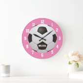Soccer Football Custom Name Pink Large Clock (Home)
