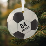 Soccer Football Gift | Name Number Glass Tree Decoration<br><div class="desc">Personalized soccer christmas ornament featuring a football,  the childs name and shirt number.</div>