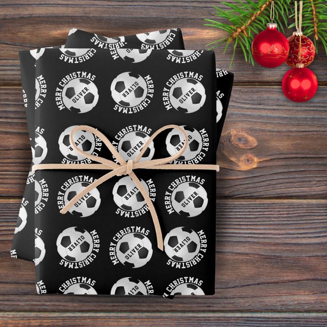 Soccer Football Kids Name Sports Merry Christmas Wrapping Paper Sheet (Creator Uploaded)