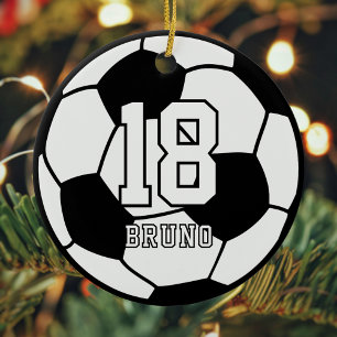 Soccer Football Name & Jersey Number Black & White Ceramic Tree Decoration