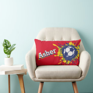 Soccer football red splat boys name lumbar cushion