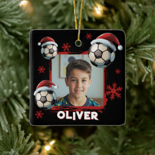 Soccer Football Santa Hat Name Photo Christmas  Ceramic Ornament