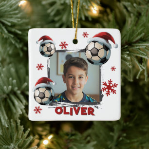 Soccer Football Santa Hat Name Photo Christmas  Ceramic Ornament