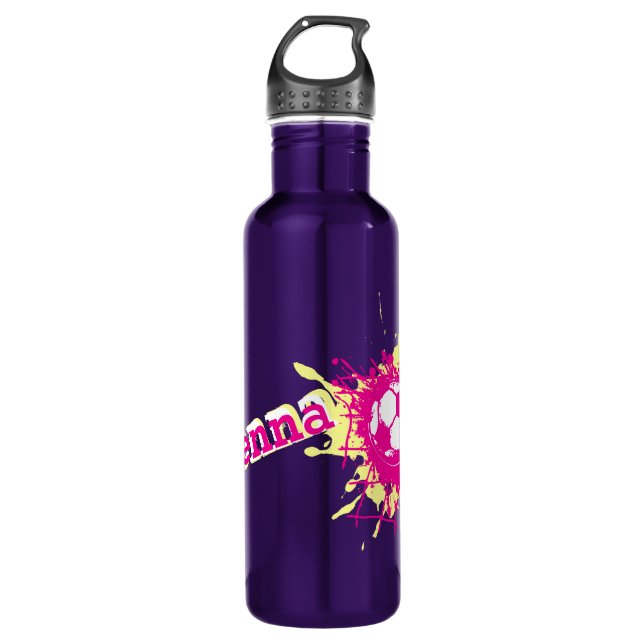 Soccer football splat girls name pink water bottle (Front)