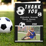 Soccer / Football Sports Thank you Coach Card<br><div class="desc">Black and White Soccer / Football Sports Thank you Coach Card. Soccer thank you coach card with photo, thank you text, coach name, team name, year, your name and soccer balls. Inside the card are more soccer balls. Photo thank you card - add your photo into the template. Personalise the...</div>