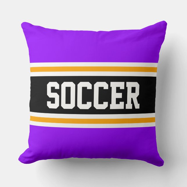 SOCCER Fun Bright Purple Black Athletic Stripes Cushion (Front)