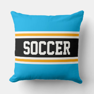 SOCCER Fun Bright Sky Blue Black Athletic Stripes Cushion