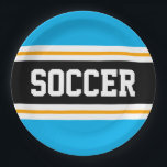 SOCCER Fun Sky Blue Black Yellow Racing Stripes Paper Plate<br><div class="desc">This sporty,  athletic design features bold SOCCER text inside a highlighted wide centre black stripe with white and yellow pinstripes against bright sky blue outer stripes.  The text  can be personalised.</div>