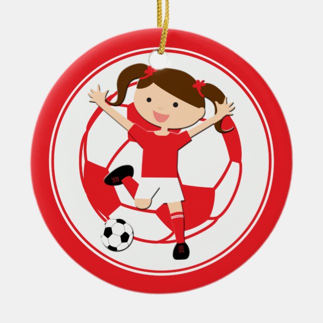 Soccer Girl 1 and Ball Red and White Ceramic Tree Decoration (Front)