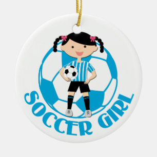 Soccer Girl 2 Ball Blue and White Stripes v2 Ceramic Tree Decoration