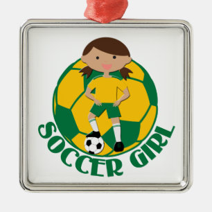 Soccer Girl 4 and Ball Green and Yellow v2 Metal Tree Decoration