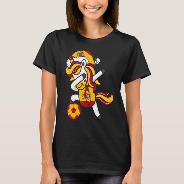 Soccer Girl Dabbing Unicorn Christmas Hat Spain Fo T-Shirt (Front)