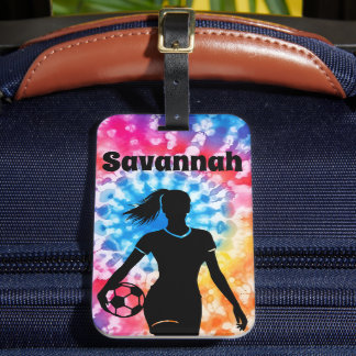 Soccer Girl Personalised Tie-Dye Rainbow Aquarelle Luggage Tag