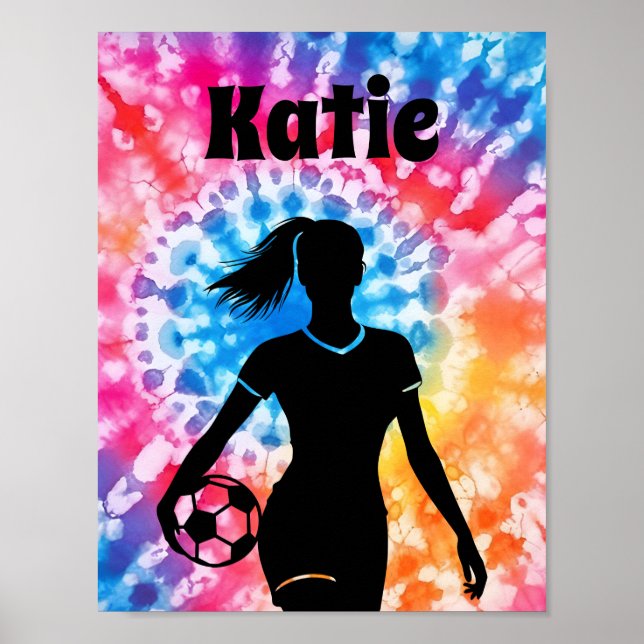 Soccer Girl Personalised Tie-Dye Rainbow Aquarelle Poster (Front)