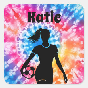 Soccer Girl Personalised Tie-Dye Rainbow Aquarelle Square Sticker