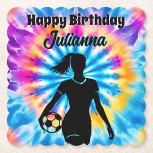 Soccer Girl Personalised Tie-Dye Rainbow Birthday Paper Coaster