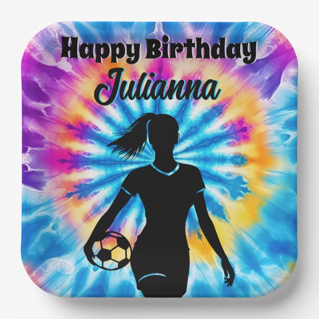 Soccer Girl Personalised Tie-Dye Rainbow Birthday Paper Plate (Front)