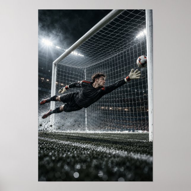 Soccer Goalkeeper Diving Save – Dramatic Stadium W Poster (Front)
