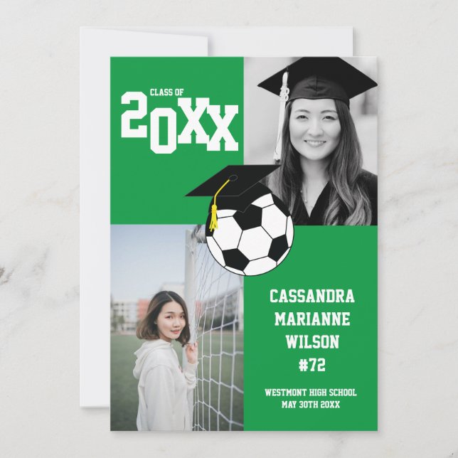 Soccer Graduation Sports Green White Announcement (Front)