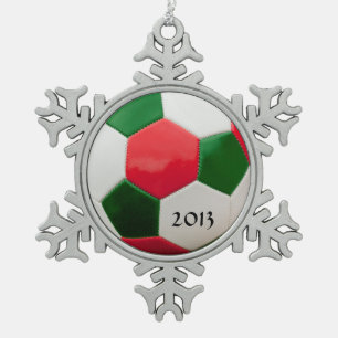 Soccer Green and Red Snowflake Pewter Christmas Ornament