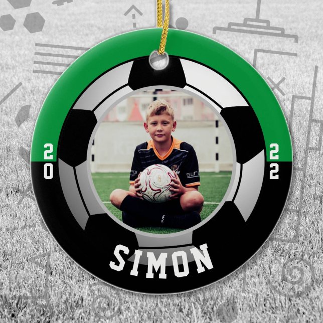 Soccer Green Black Team Colours Ceramic Tree Decoration (Green and Black Soccer Let's Go Team Ornament. Celebrate your high school or college athlete.)