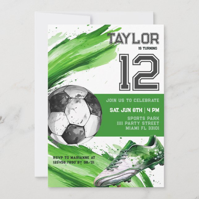 Soccer Green Sports Boy Jersey Teen Birthday Party Invitation (Front)