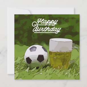 Soccer Happy Birthday with ball and beer on green Card