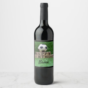 Soccer Happy Birthday with ball on green grass Wine Label