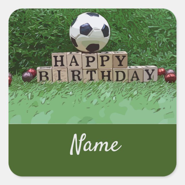 Soccer Happy Birthday with ball on green Party Square Sticker (Front)