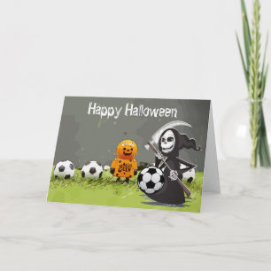 Soccer Happy Halloween with balls on green grass Card