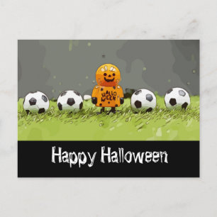 Soccer Happy Halloween with balls on green grass   Postcard