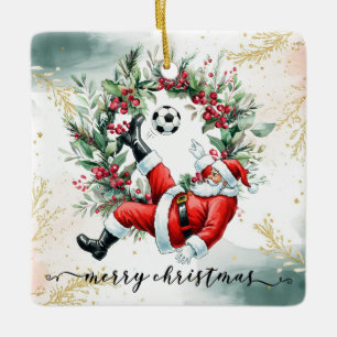 Soccer Happy Holidays Santa playing soccer Ceramic Ornament