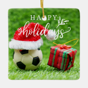 Soccer Happy Holidays with ball on green grass   Ceramic Ornament