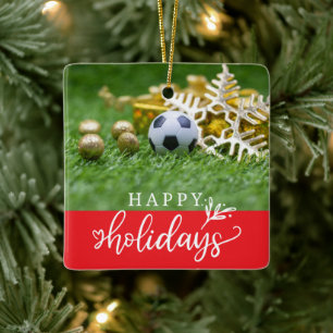 Soccer Happy Holidays with ball on green grass Ceramic Ornament