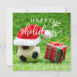 Soccer Happy Holidays with ball on green grass   Holiday Card