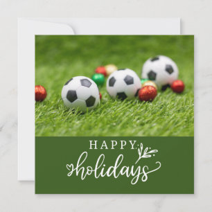 Soccer Happy Holidays with ball on green grass   Holiday Card